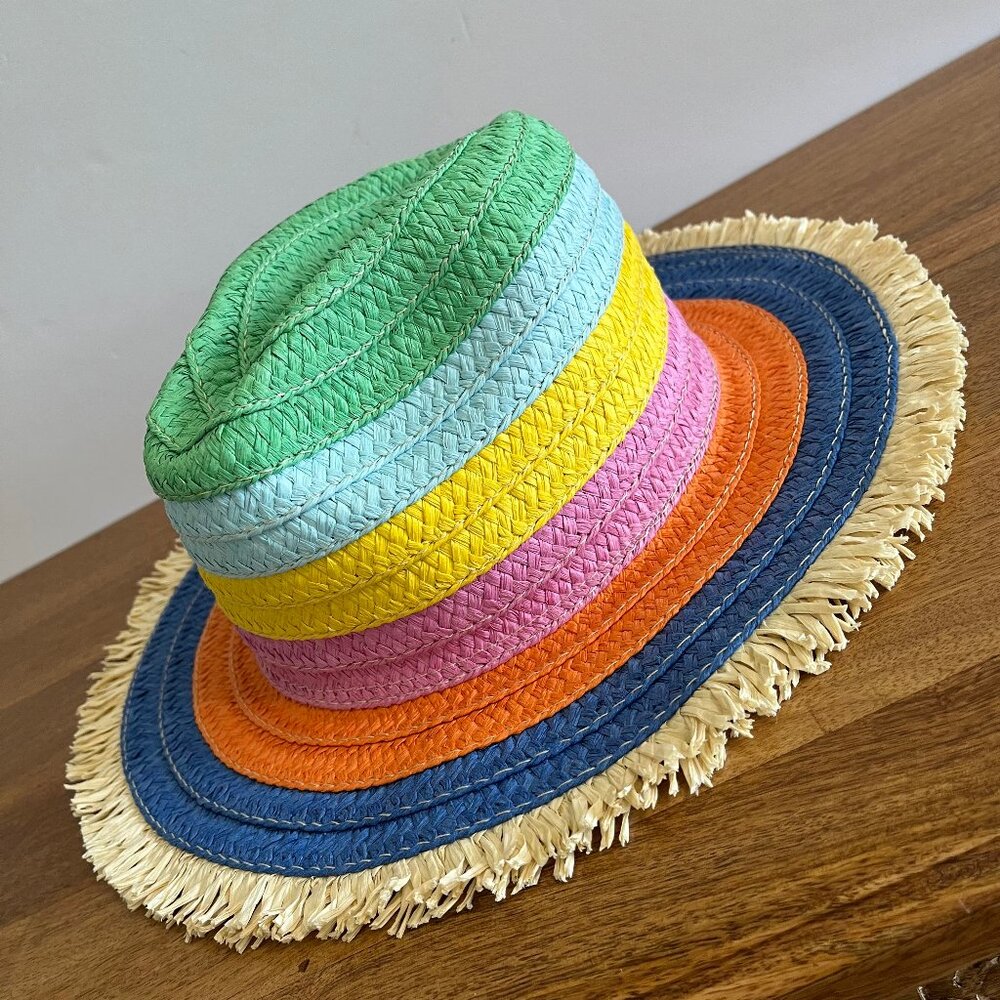 Boden Packable Sea Stripe Staw Fringe Multi-Color Stripe Sun Summer Hat M/L